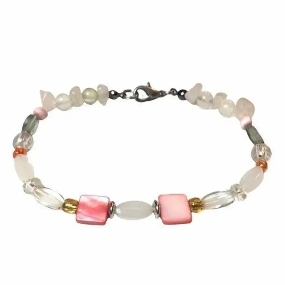 Handmade Bracelet Beaded Glass Quartz Crystals Plastic Mixed Beads White Peach